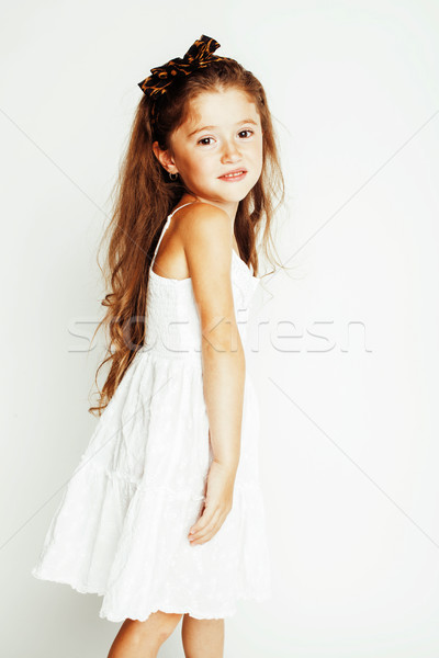 Little Cute Beauty Girl Isolated On White Background Long Curly