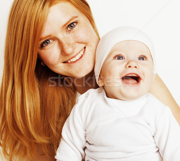 Foto stock: Jovem · beleza · mãe · bebê · vermelho · cabeça