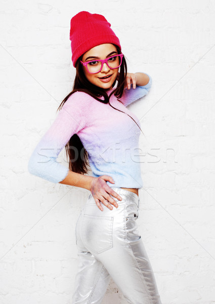 Stock photo: young pretty stylish hipster girl posing emotional isolated on w