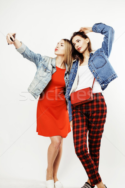 Stock photo: best friends teenage girls together having fun, posing emotional on white background, besties happy 