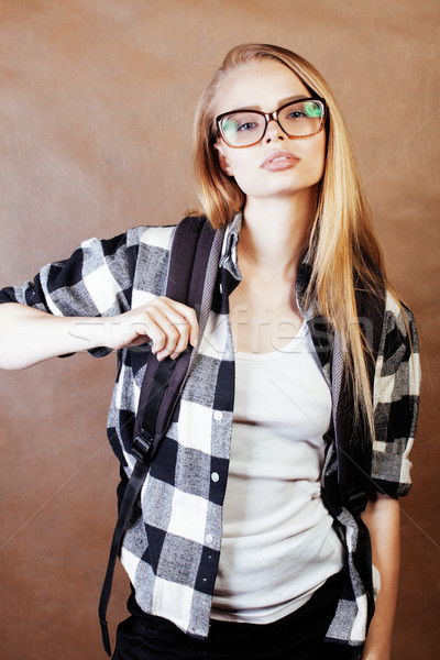 young happy smiling hipster blond girl with backpack ready to sc Stock photo © iordani