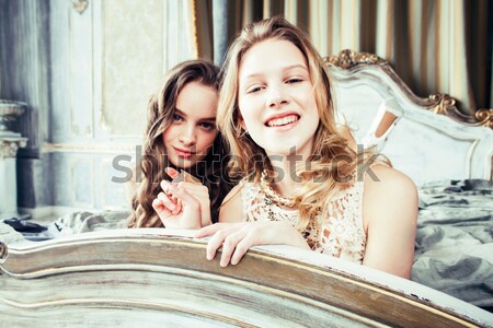 two pretty twin sister blond curly hairstyle girl in luxury house interior together, rich young peop Stock photo © iordani