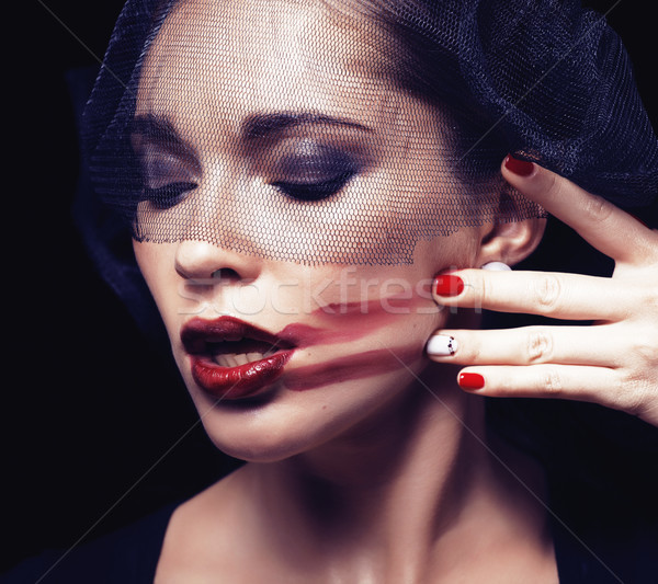 beauty brunette woman under black veil with red manicure close up Stock photo © iordani