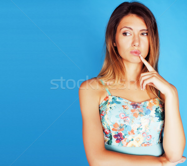 Foto stock: Jóvenes · mujer · bonita · alrededor · azul · sonriendo