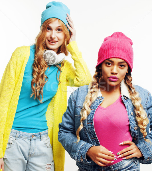 diverse nation girls group, two diverse rase teenage friends company cheerful having fun, happy smil Stock photo © iordani