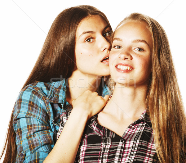 Foto stock: Dos · cute · adolescentes · junto · aislado