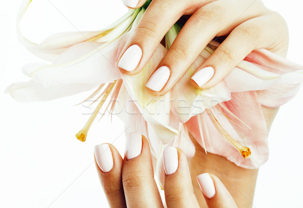 beauty delicate hands with manicure holding flower lily close up isolated on white Stock photo © iordani