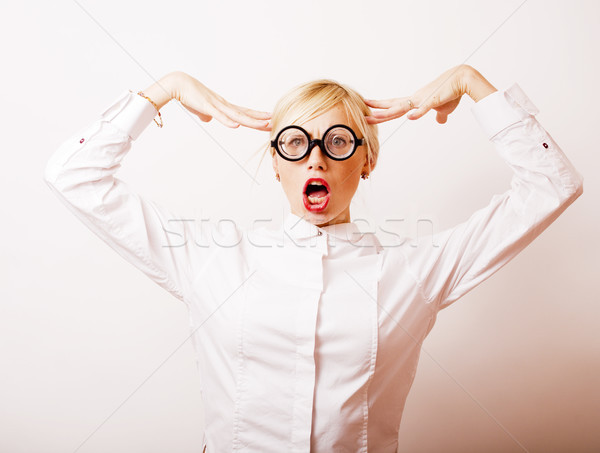 Traça bonitinho jovem loiro mulher óculos Foto stock © iordani