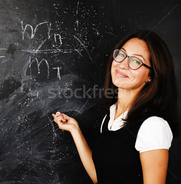 portrait of happy cute real teen student in classroom at blackboard close up, lifestyle education pe Stock photo © iordani
