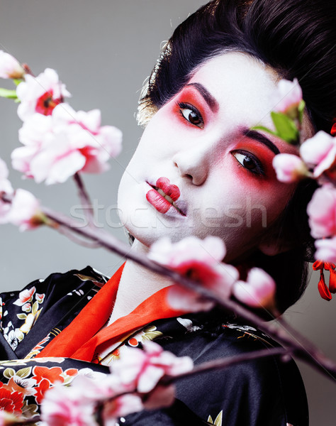 Jeunes joli geisha noir kimono sakura [[stock_photo]] © iordani