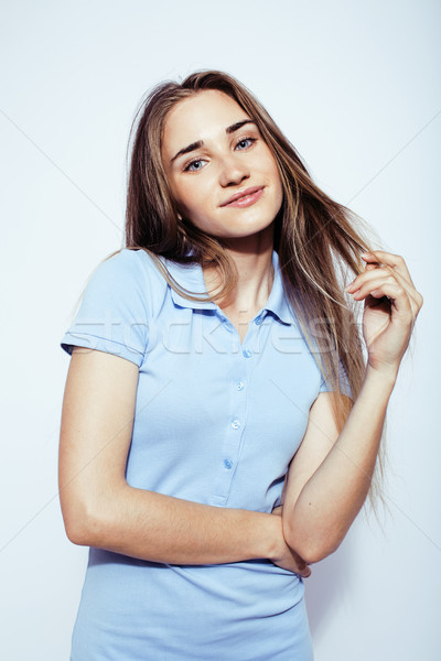 young pretty stylish hipster girl posing emotional isolated on white background happy smiling cool s Stock photo © iordani
