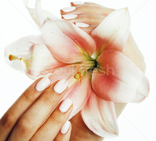 beauty delicate hands with manicure holding flower lily close up isolated on white, spa salon concep Stock photo © iordani