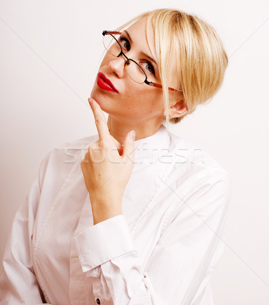 very emotional businesswoman in glasses, blond hair on white background Stock photo © iordani