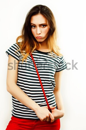 young pretty woman in elegant strip dress isolated on white Stock photo © iordani