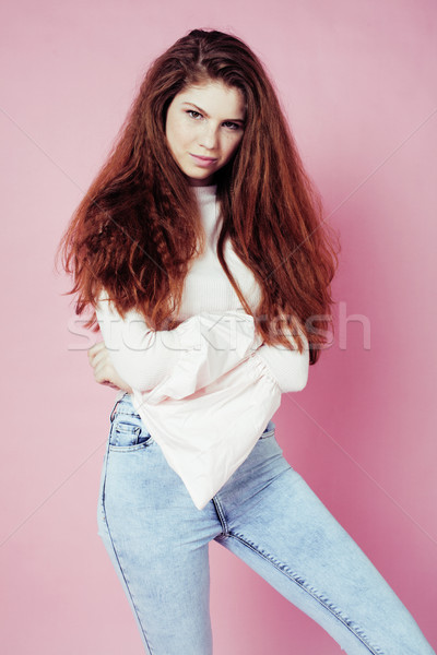 cute pretty redhair teenage girl smiling cheerful on pink background, lifestyle modern people concep Stock photo © iordani