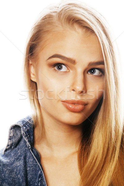 Stock photo: young blond woman on white backgroung gesture thumbs up, isolate