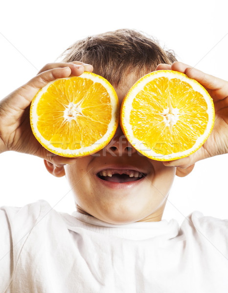 Stockfoto: Weinig · cute · jongen · oranje · vruchten · verdubbelen · geïsoleerd