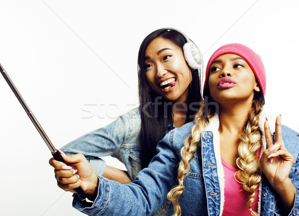 diverse nation girls group, teenage friends company cheerful having fun, happy smiling, cute posing  Stock photo © iordani