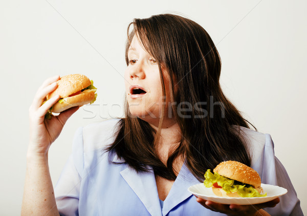 Gordura branco mulher escolha hambúrguer salada Foto stock © iordani