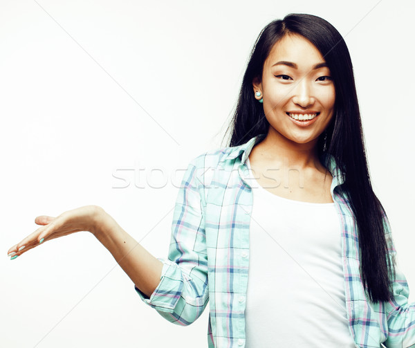 Stock photo: young pretty asian woman posing cheerful emotional isolated on white background, lifestyle people co