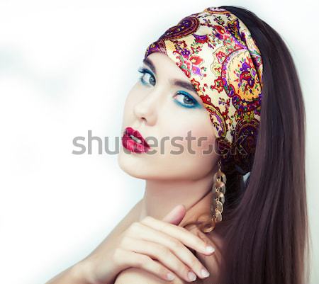 beauty bright woman with creative make up, many shawls on head like cubian, ethno  Stock photo © iordani