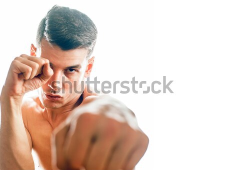 young handsome naked torso man boxing on white background isolat Stock photo © iordani