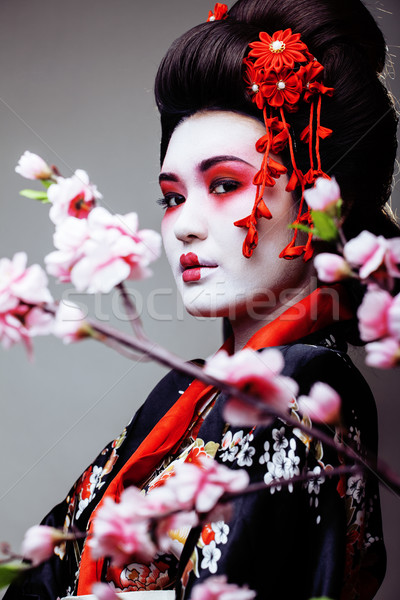 Jungen ziemlich Geisha schwarz Kimono sakura Stock foto © iordani