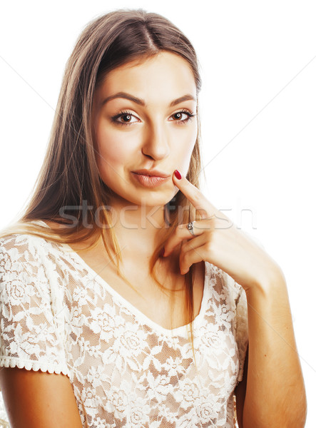 Stock photo: young beauty woman happy smiling dreaming isolated on white clos