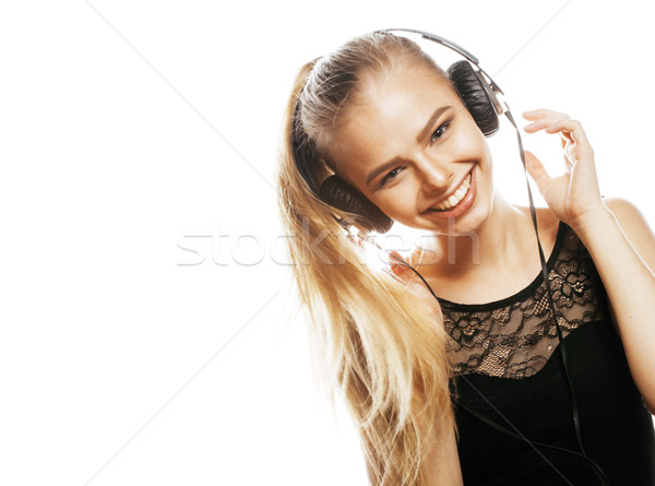 young sweet teenage girl in headphones singing isolated Stock photo © iordani