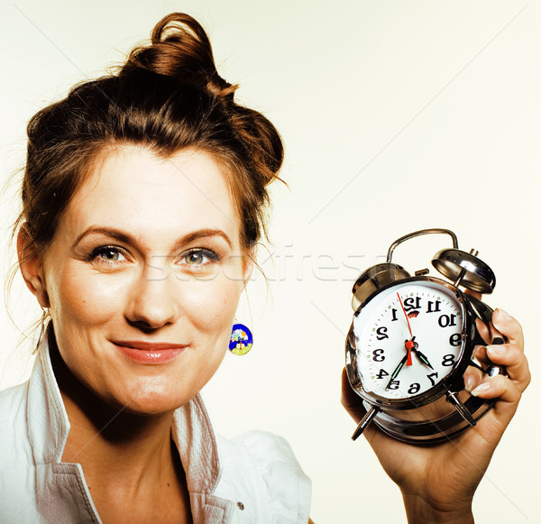 young beauty woman in business style costume waking up for work early morning on white background wi Stock photo © iordani