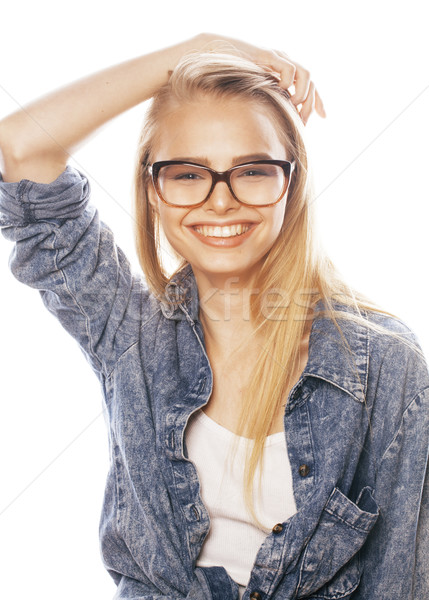 Stock photo: young pretty girl teenager in glasses on white isolated blond ha