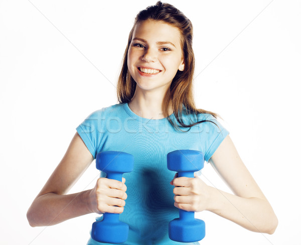 young pretty slim woman with dumbbell isolated cheerful smiling, real sport girl next door, lifestyl Stock photo © iordani