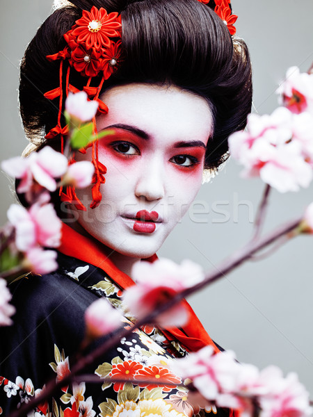 Jungen ziemlich Geisha schwarz Kimono sakura Stock foto © iordani