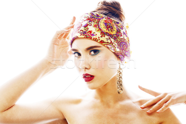 young pretty modern girl with bright shawl on head emotional pos Stock photo © iordani