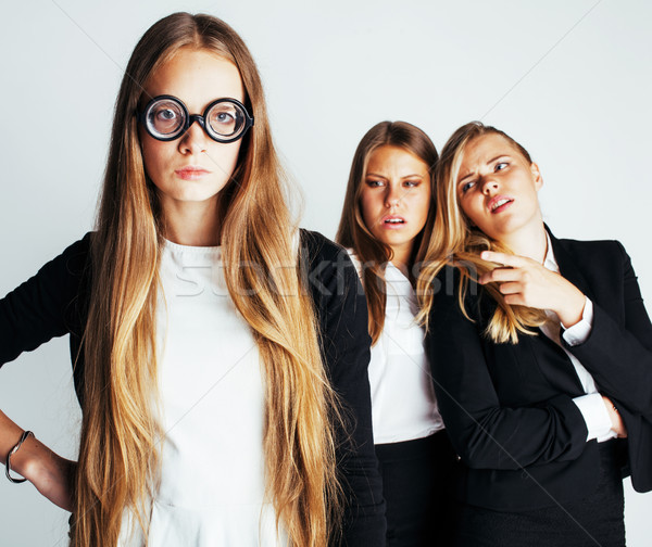 new student bookwarm in glasses against casual group on white, teen drama, lifestyle people concept Stock photo © iordani