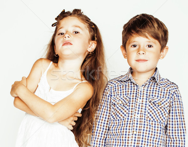 little cute boy and girl hugging playing on white background, happy smiling family, lifestyle people Stock photo © iordani