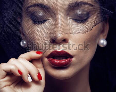 beauty brunette woman under black veil with red manicure close u Stock photo © iordani