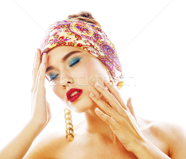young pretty modern girl with bright shawl on head emotional pos Stock photo © iordani