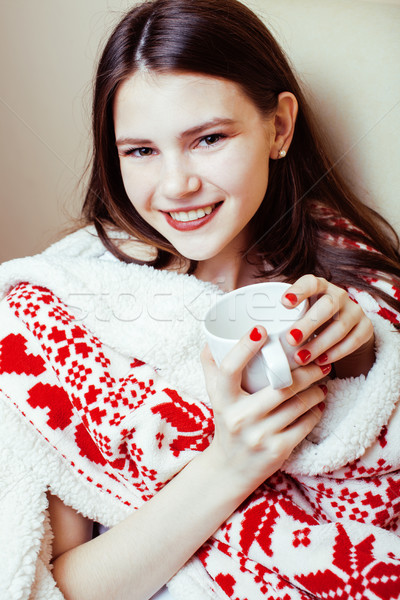 young pretty brunette girl in Christmas ornament blanket getting warm on cold winter, freshness beau Stock photo © iordani
