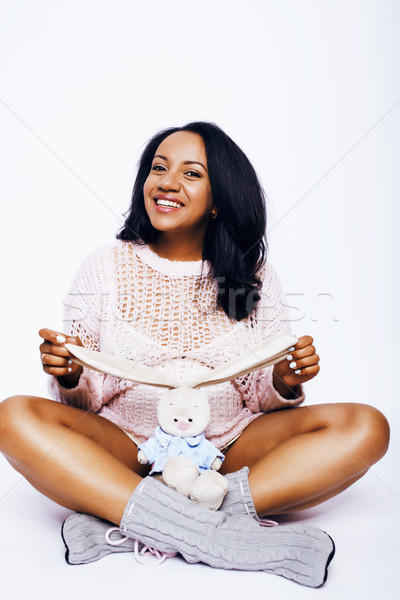 young pretty african american woman pregnant happy smiling, posing on white background isolated , li Stock photo © iordani