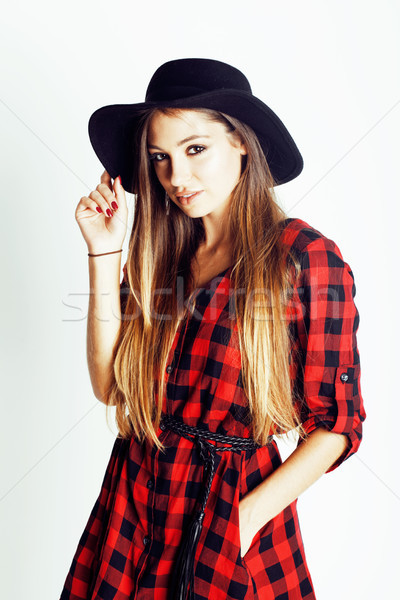 Fiatal csinos barna hajú lány hipszter kalap Stock fotó © iordani