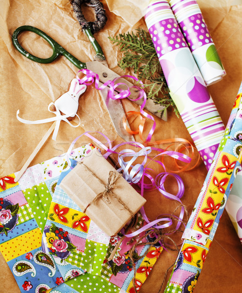 lot of stuff for handmade gifts, scissors, ribbon, paper with co Stock photo © iordani