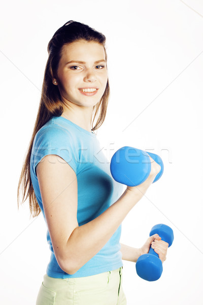 young pretty slim woman with dumbbell isolated cheerful smiling, real sport girl next door, lifestyl Stock photo © iordani