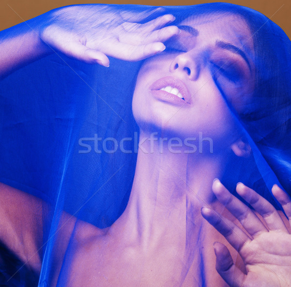 beauty young islamic woman under veil, blue hijab on face close up, art people concept Stock photo © iordani