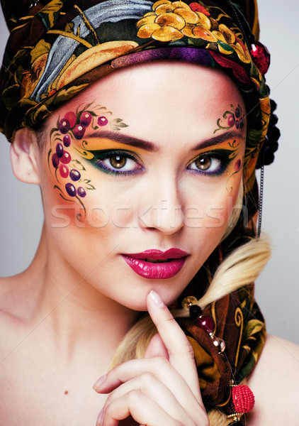 portrait of contemporary noblewoman with face art creative close up, russian style fashion Stock photo © iordani