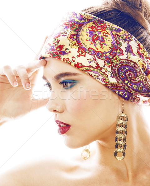 young blond woman dressed like ancient greek godess, gold jewelry close up isolated, beautiful girl  Stock photo © iordani
