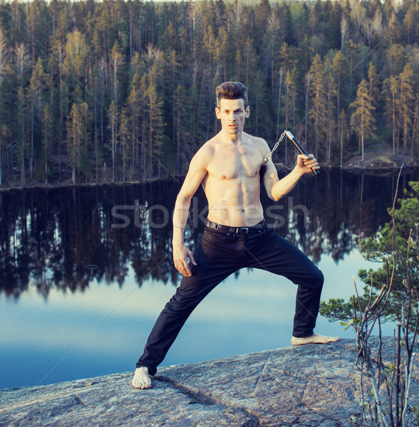 middle age man doing sport yoga on the top of the mountain, lifestyle people outdoor, summer wild na Stock photo © iordani