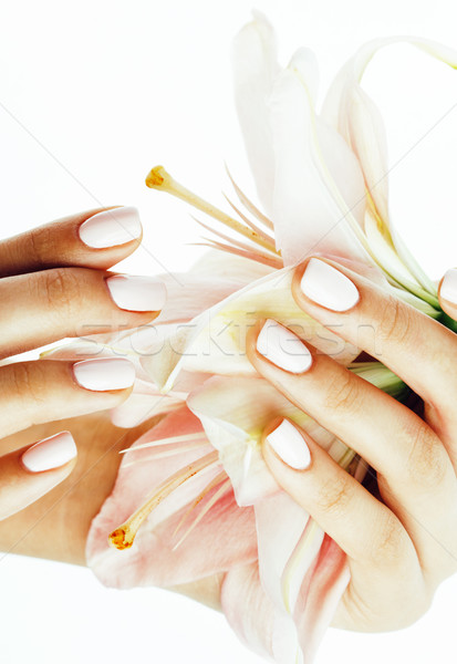 beauty delicate hands with manicure holding flower lily close up isolated on white, spa salon concep Stock photo © iordani
