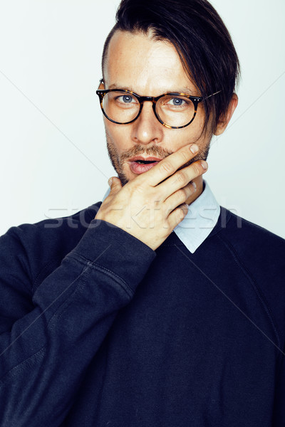 handsome middle age hipster man with modern hairstyle and tattoo, beard, close up on white backgroun Stock photo © iordani