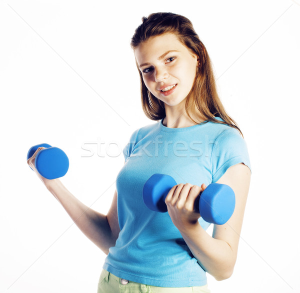 Young Pretty Slim Woman With Dumbbell Isolated Cheerful